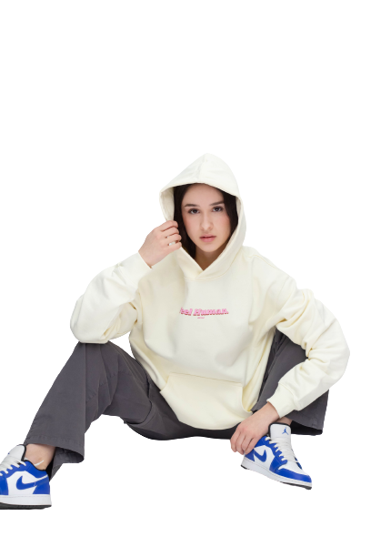 Cream "Feel Human" hoodie.